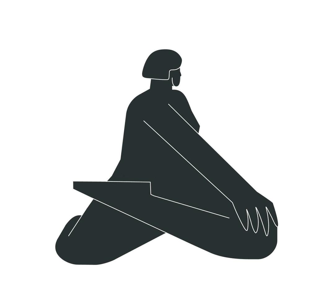 vector aislado ilustración con plano negro silueta de hembra persona haciendo finura. atlético mujer aprende yoga postura - bharadvaja girar. juguetón ejercicio - bharadvajasana yo