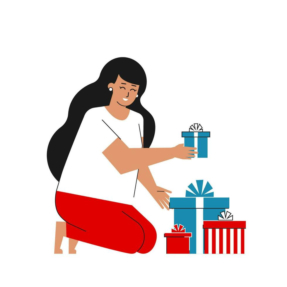 Vector isolated flat illustration. Cartoon woman is weared in white and red sleepwear. She is sitting and holding gift box. Concept for Christmas or Happy Holiday greeting card. Beautiful surprise