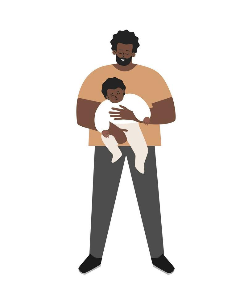 vector aislado plano ilustración. africano americano soltero padre es sonriente, participación en su brazos pequeño linda adoptado niño. contento papi muestra padres amor y cuidado a bebé. adorable familia relaciones