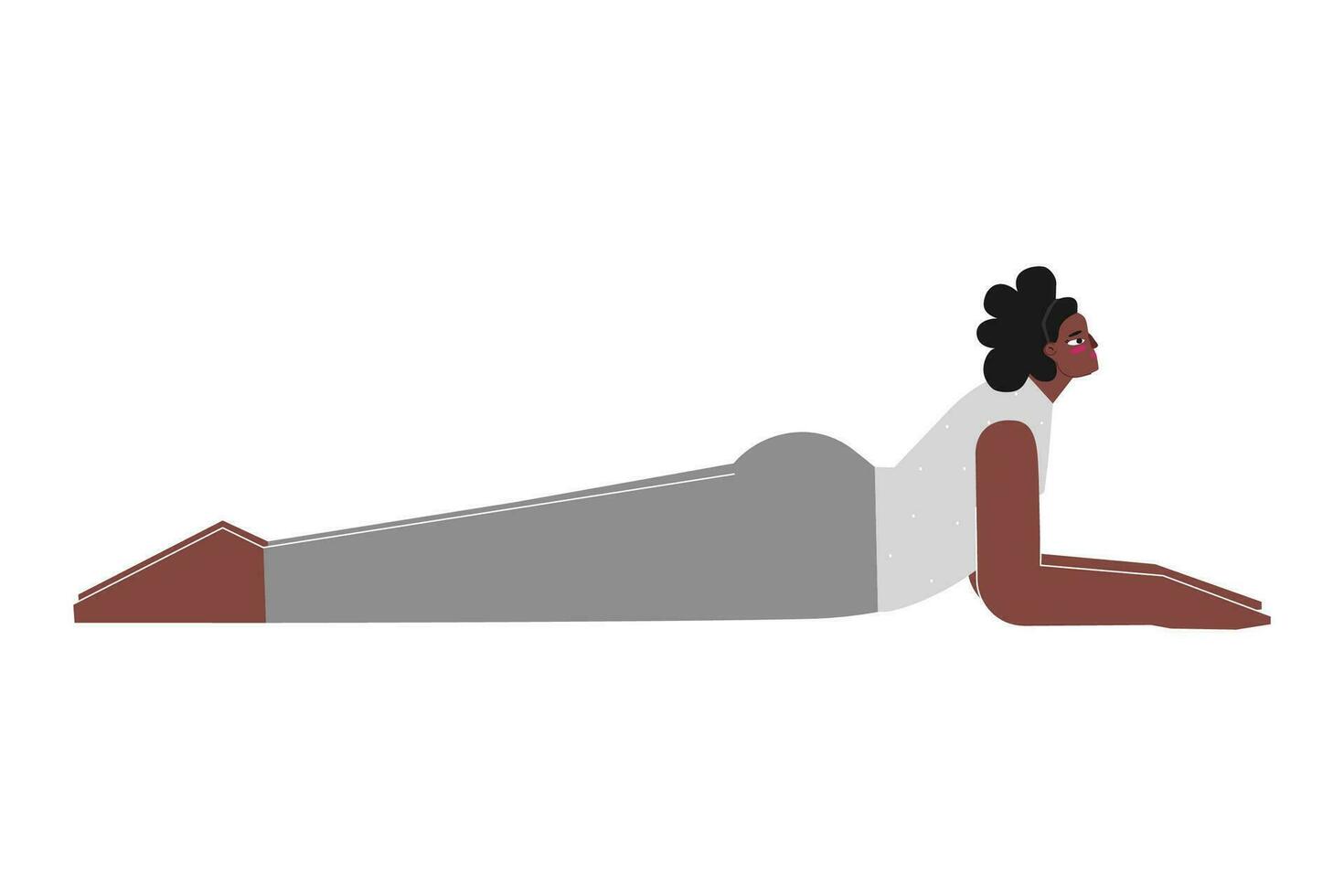 vector concepto con plano hembra africano americano personaje. fuerte cuerpo positivo mujer aprende postura y lo hace salamba bhujangasana a yoga clase. aptitud ejercicio para principiantes - esfinge actitud