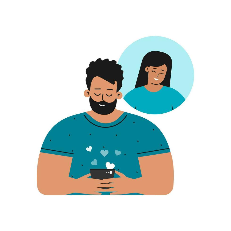 Vector isolated concept. Flat cartoon style. Happy latin american guy is texting on phone with his asian girlfriend. Mobile app for online dating. Distance love as part of romantic relationship