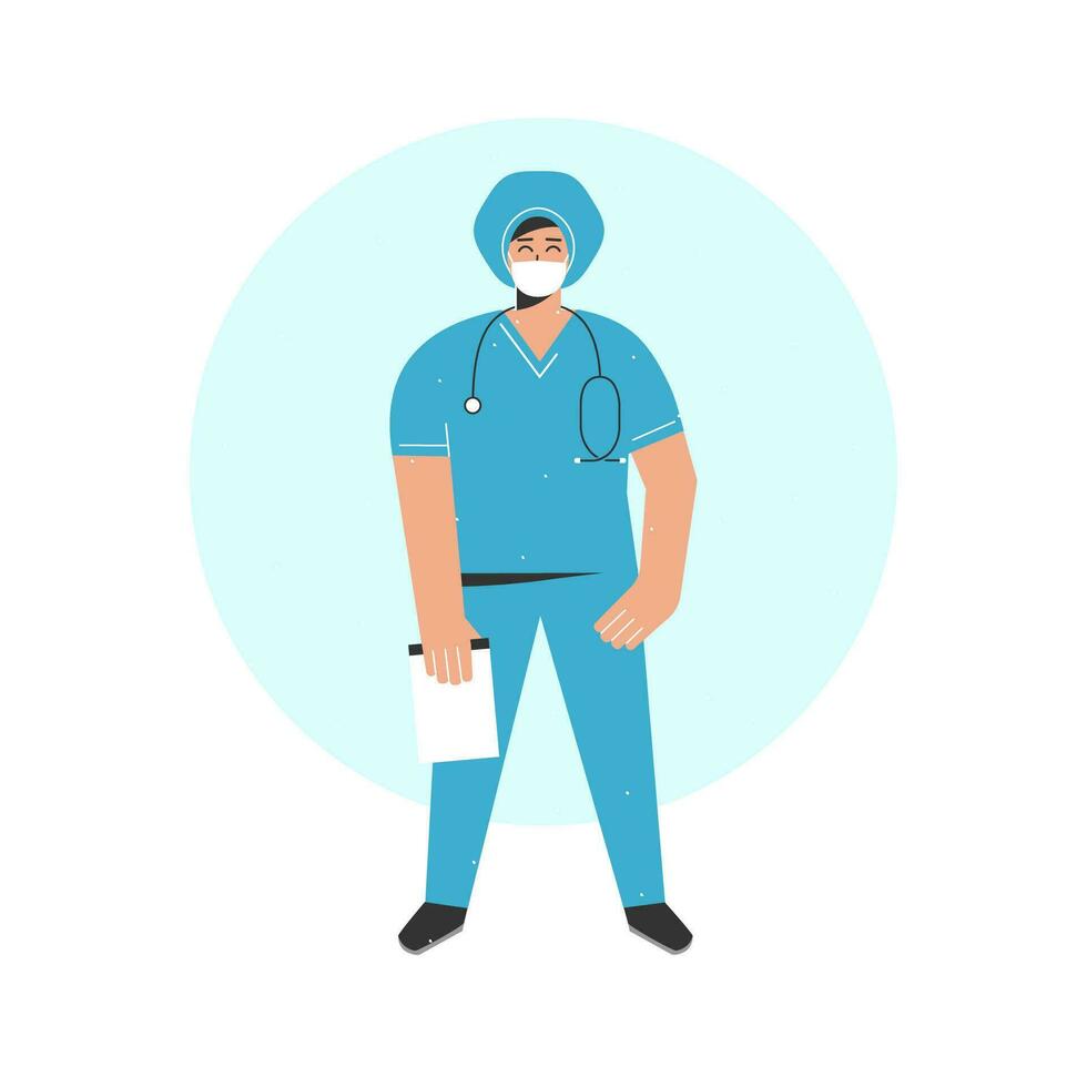 Vector illustration with flat cartoon doctor holding notes. Happy smiling nurse is dressed in blue medical uniform with stethoscope and hat. Hospital staff. Modern line details in concept