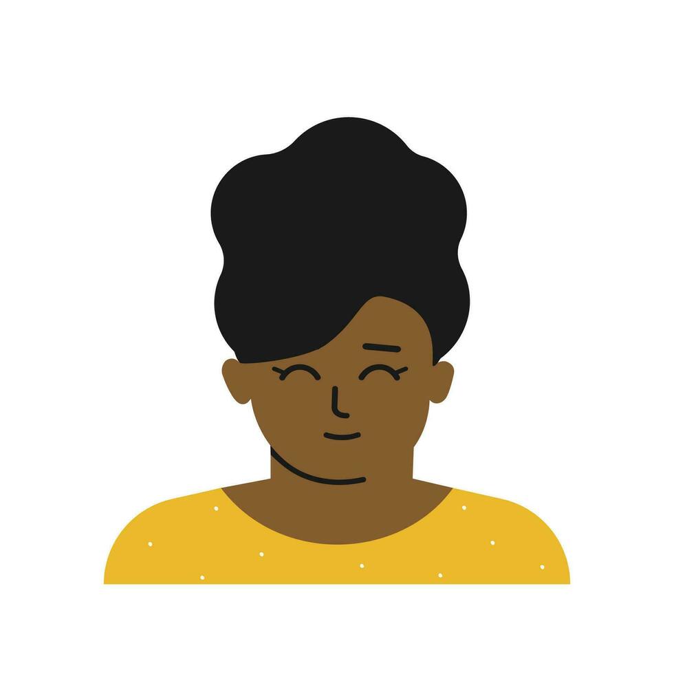 Vector flat isolated illustration with portrait of cartoon character. Avatar of little African american girl with brunette curly hair, dark skin. Cute Nigerian girl is smiling. White background
