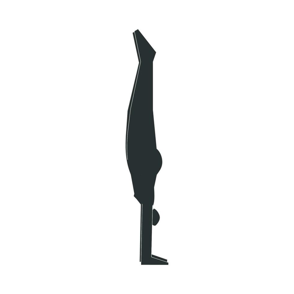 vector aislado ilustración con plano negro silueta de hembra personaje. juguetón mujer aprende yoga postura adho mukha vrksasana. aptitud ejercicio - parada de manos pose. minimalista diseño