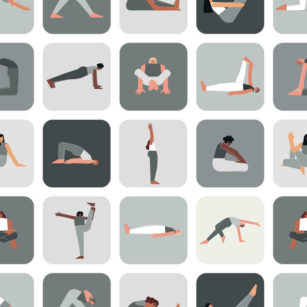 vector sin costura modelo yoga posa plano monocromo ilustrado colección en cuadrado forma con asiático, africano americano y caucásico mujer haciendo deporte ejercicios me gusta asanas, estiramiento formación