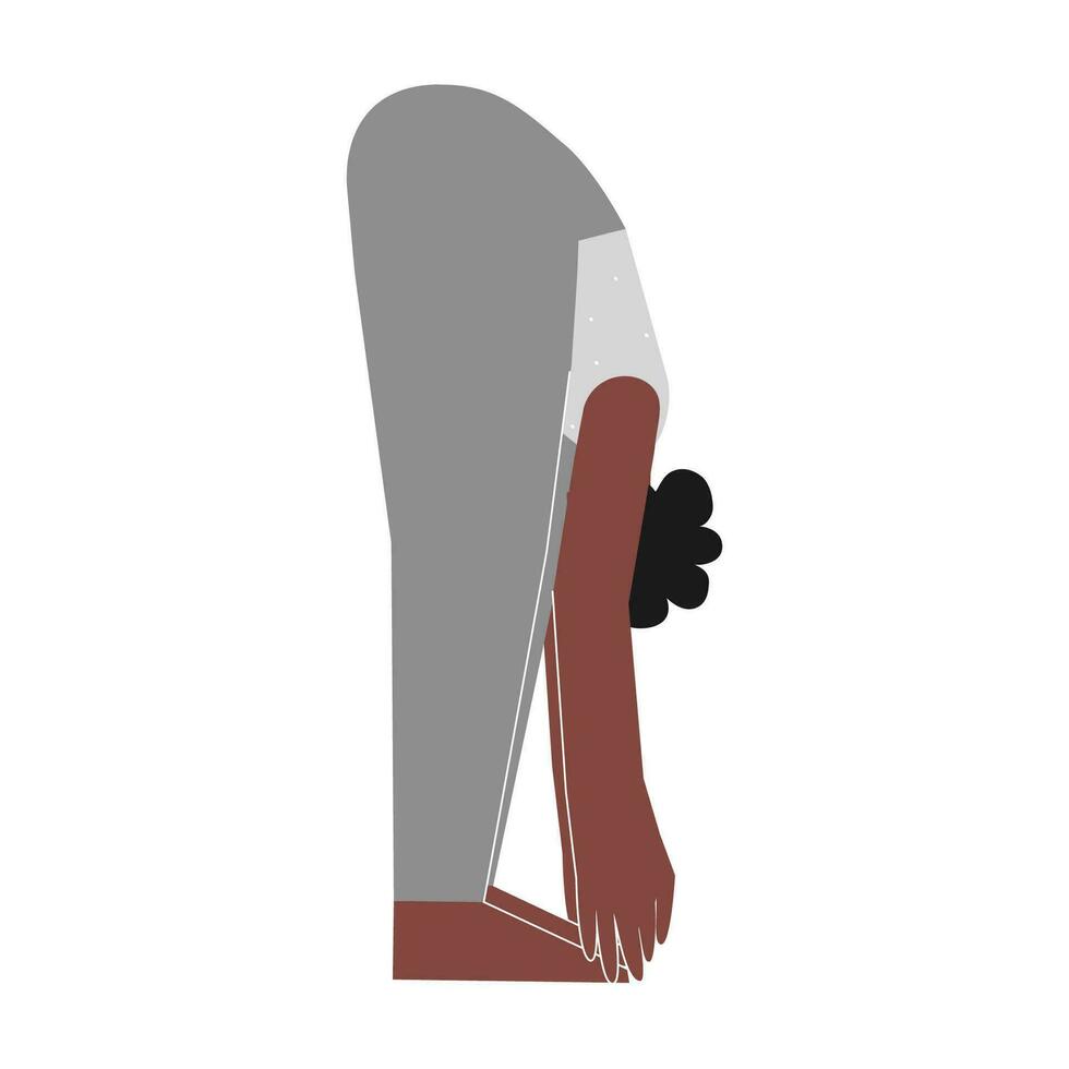 Vector isolated illustration with flat female Body positive character. Sportive african american woman learns posture Padangusthasana at yoga class. Fitness exercise - Big Toe Pose