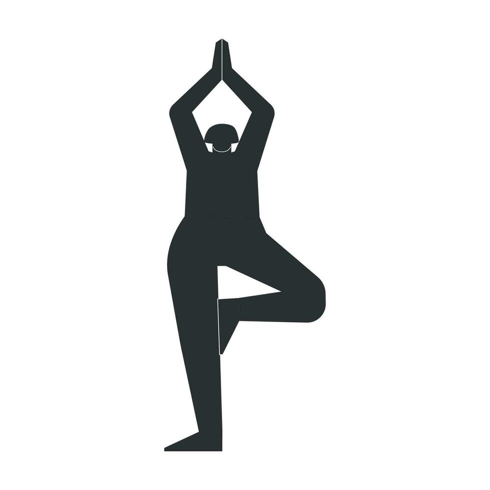 Vector isolated illustration with flat black silhouette of female person doing finess. Athletic woman learns yoga posture Vrksasana. Sportive exercise - Tree Pose.