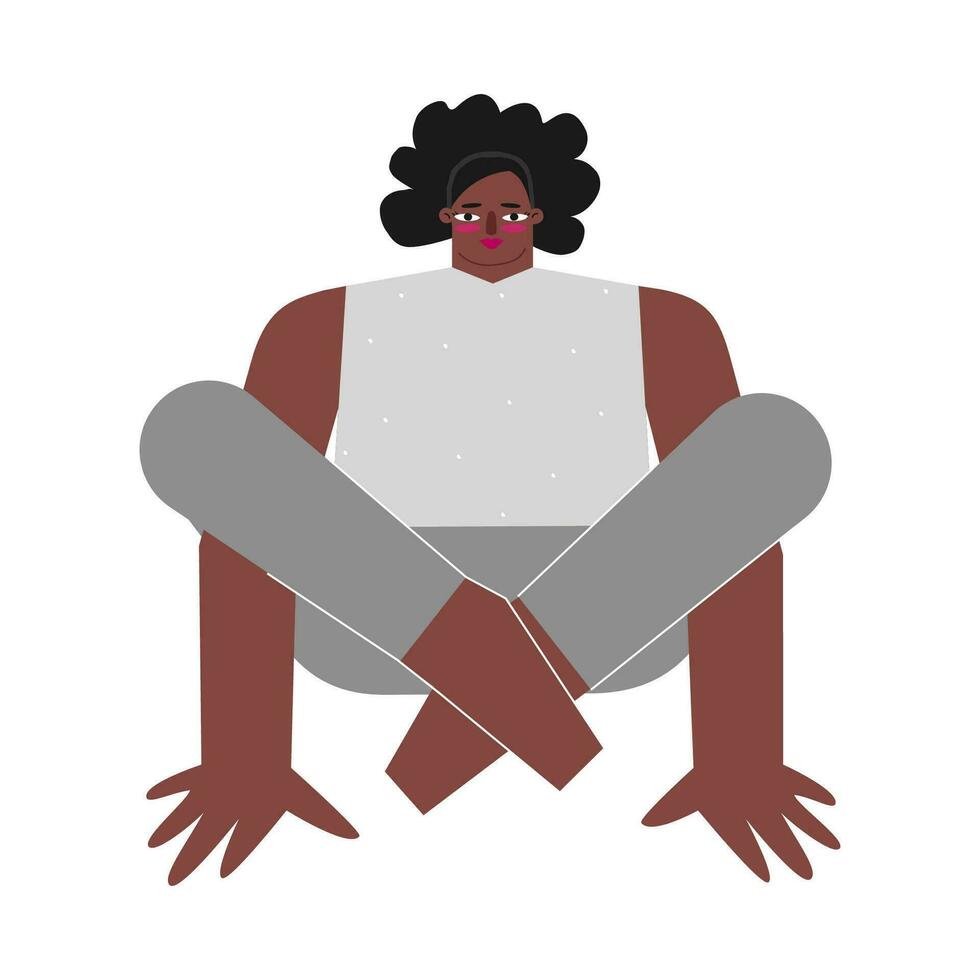 Vector isolated concept with flat Caucasian female character. Strong young woman learns stretching posture and does Shoulder Pressing Pose at yoga class. Sportive exercise - Bhujapidasana