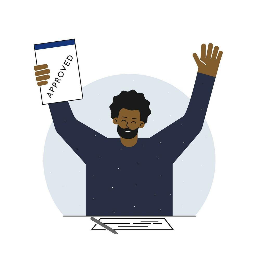 Vector isolated illustration. Flat cartoon style. Happy African American man sits at the table with documents and pen. He holds accepted contract after successful deal. Bank approved loan to buy home
