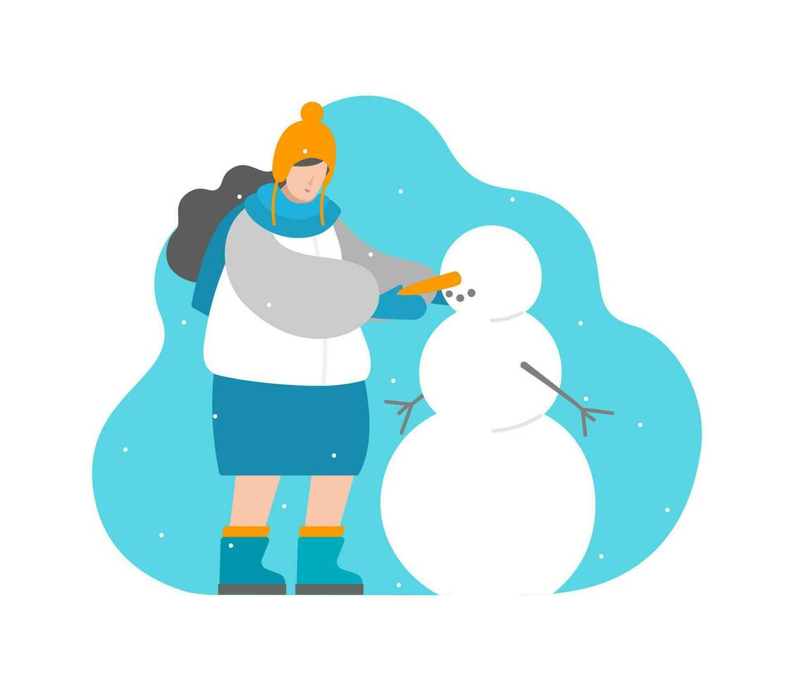 Vector isolated concept in flat style. Girl sticks carrot in the head for snowman's nose. Funny activities in winter holiday. Woman is in finnish orange earflaps, down jacket and blue boots.