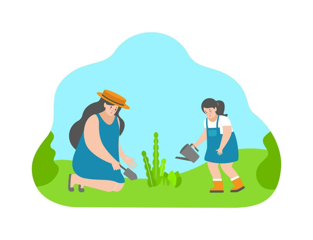 Vector illustration flat concept with cartoon characters. Mother in straw hat plants flowers by spatula and smiling little girl waters the leaves in the garden. Happy summer holidays with family