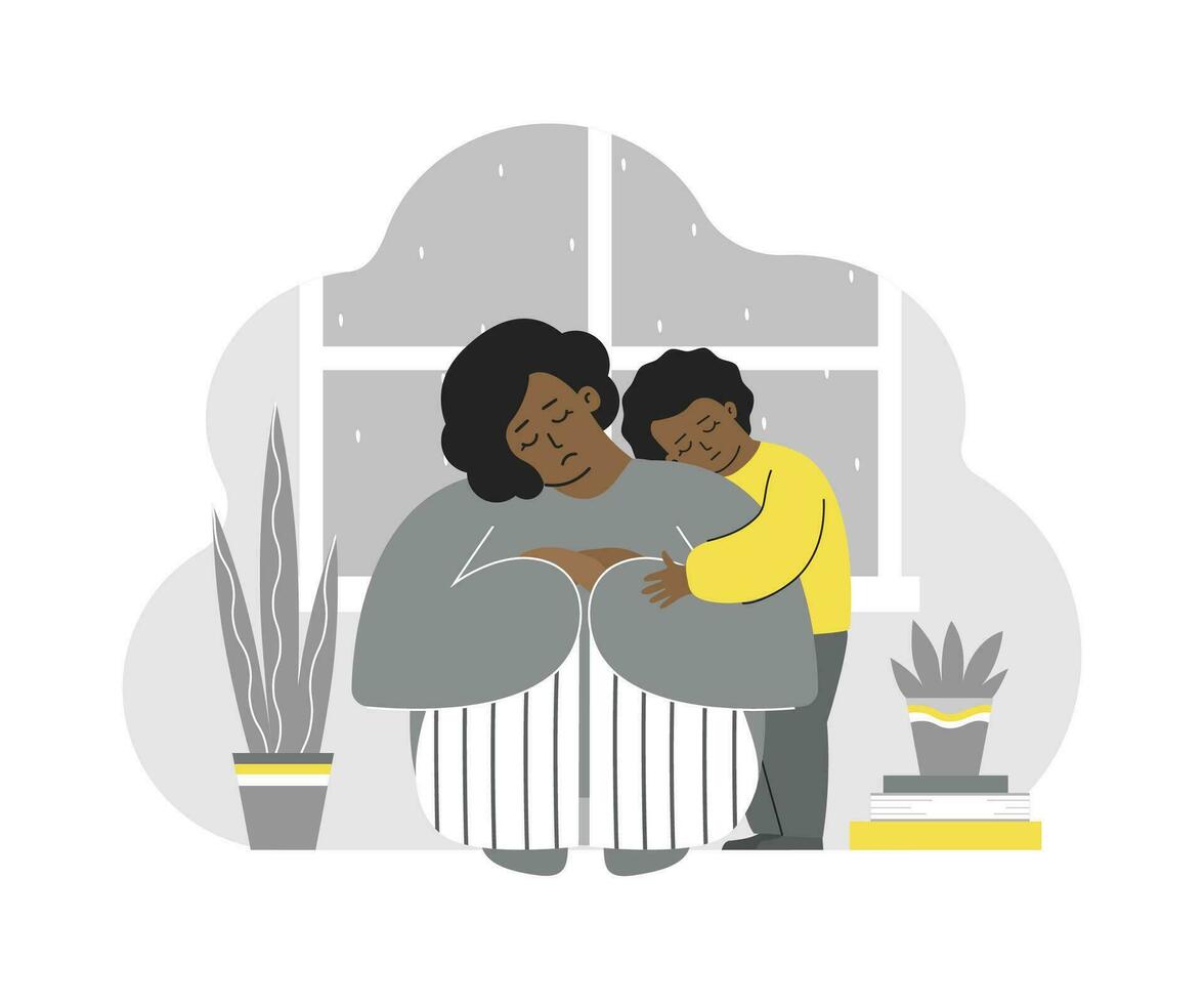 Vector flat isolated illustration with tired lonely mother. African American daughter hugs her sad mom. Postpartum depression and emotional stress. Difficulties to keep mental health in motherhood