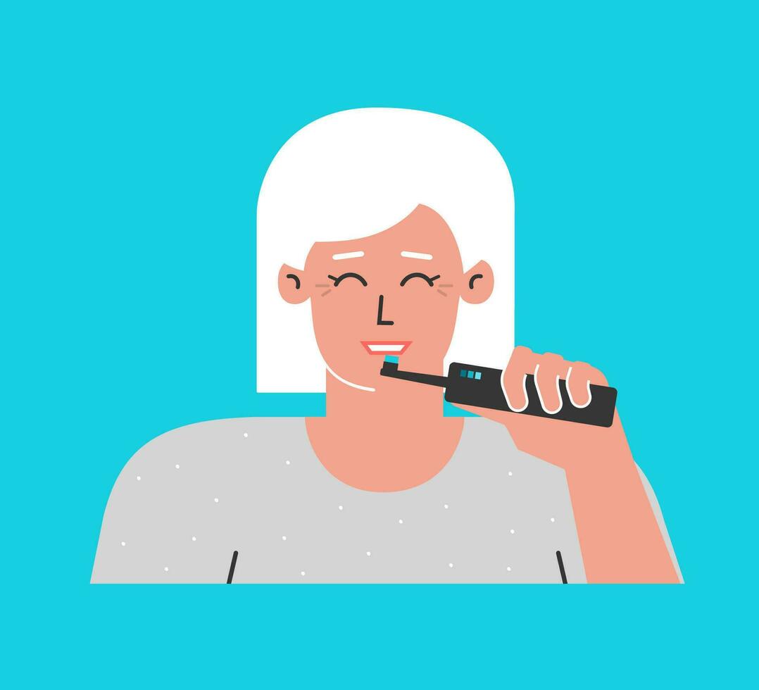 Vector isolated flat illustration. Grey-haired american senior woman is cleaning teeth by electric toothbrush to save its healthy. Daily dental routine to prevent caries, remove tartar, plaque