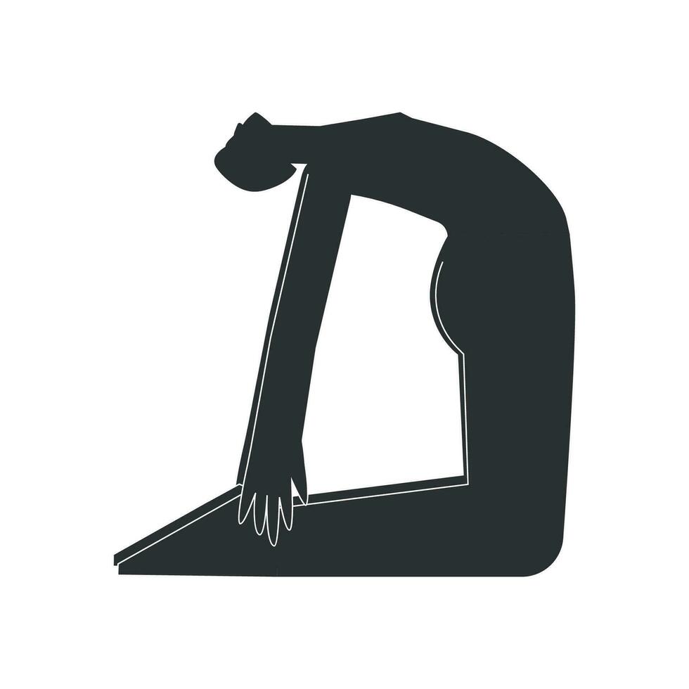 Vector isolated illustration with flat black silhouette of female character. Sportive woman learns yoga posture with backbend - Ustrasana. Fitness exercise - Camel Pose. Minimalistic design