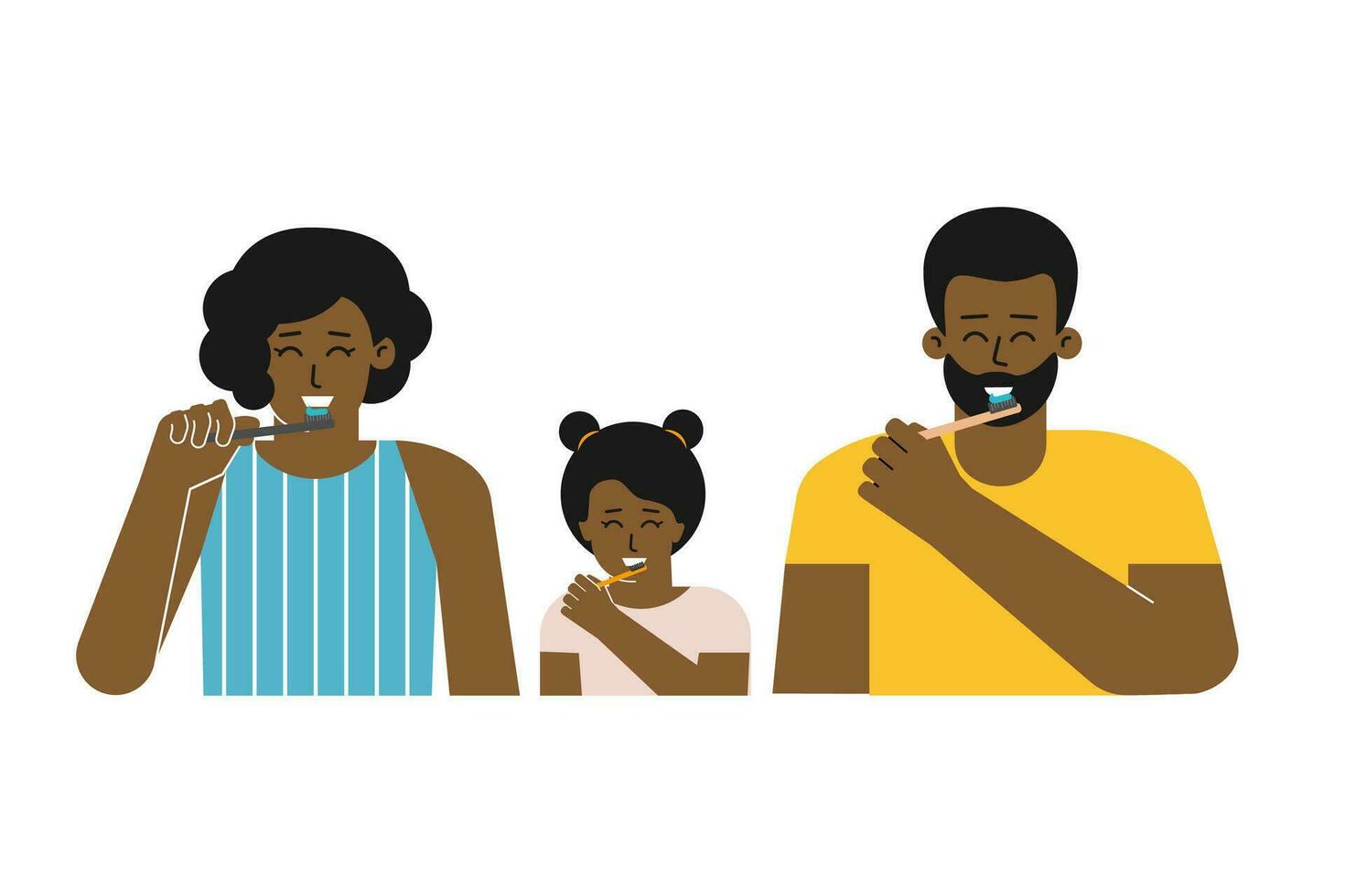 Vector flat isolated illustration. Happy african american family  with mom, father, daughter clean teeth. Oral hygiene is part of dental daily routine to prevent caries and tartar. Lifestyle concept