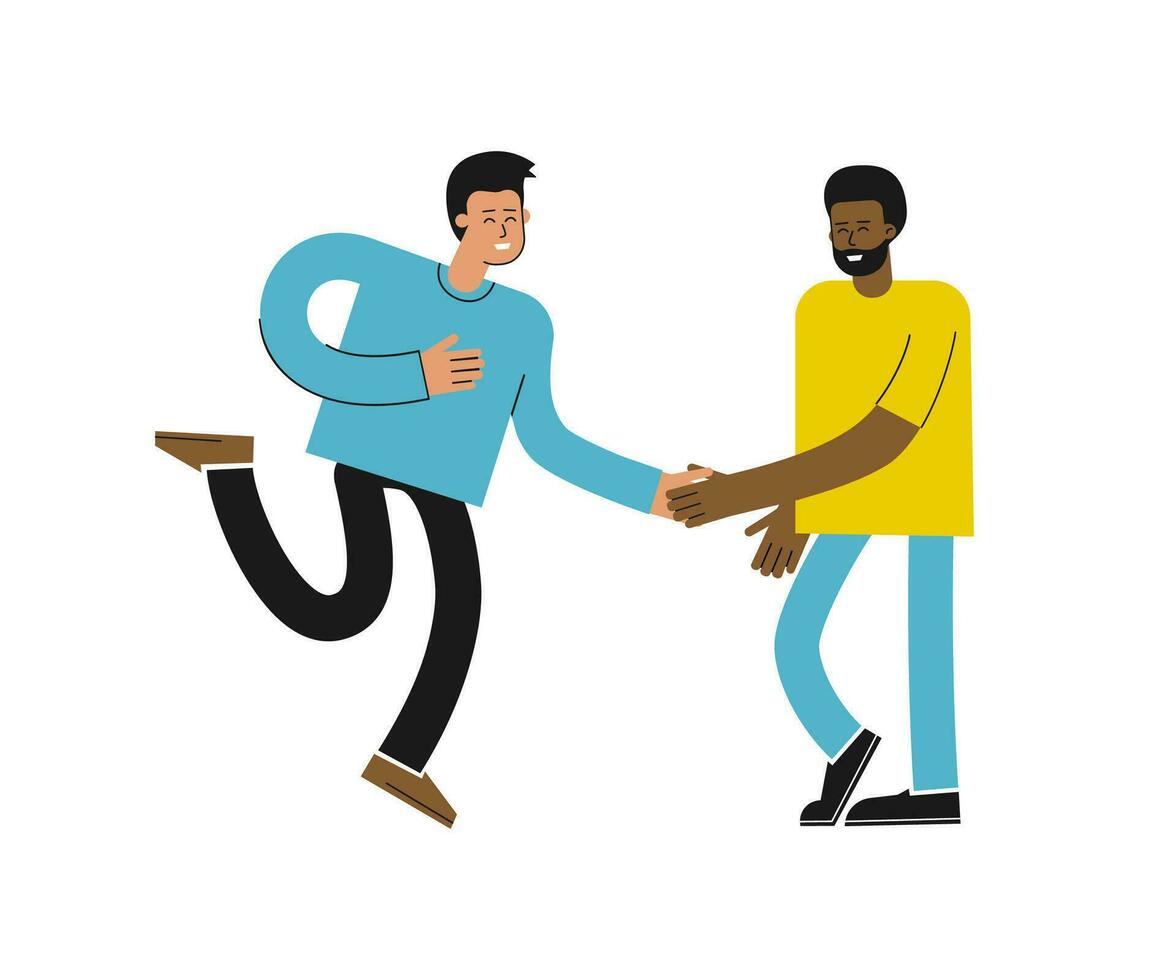 Vector isolated flat concept with cartoon african american and asian men. Cute happy friends met, talk, smile and shake hands. Guy is congratulating bro with succesful partnership together