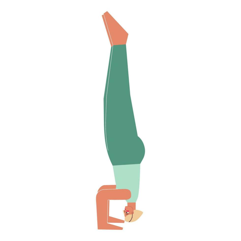 vector aislado concepto con plano hembra personaje. fuerte mujer aprende equilibrio postura salamba sirsasana a yoga clase. aptitud ejercicio - soportado parada de cabeza actitud