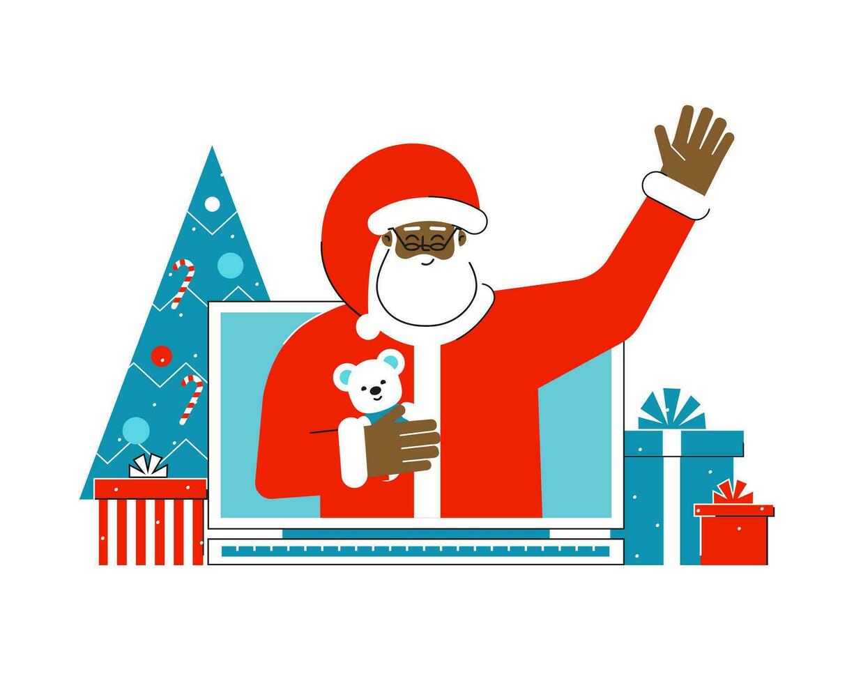 Vector isolated flat concept with gift boxes and christmas tree. Cartoon character of african american Santa Claus. He greets people from computer screen. Online shopping on the eve of Winter holiday