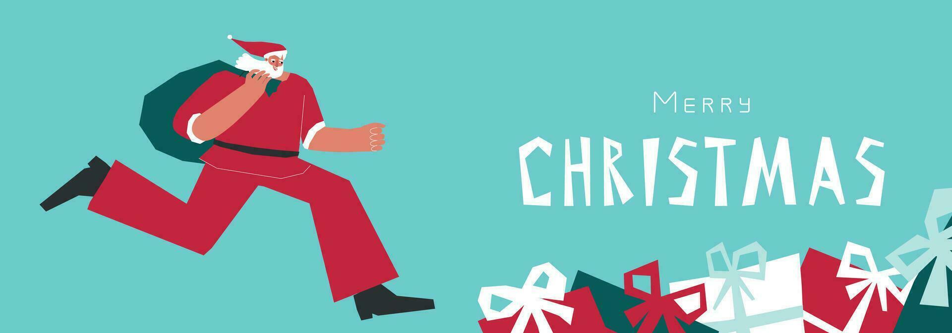 Vector illustration with flat character of Santa Claus in red costume. He runs and holds bag with gifts. Horizontal banner with text Merry Christmas on blue background