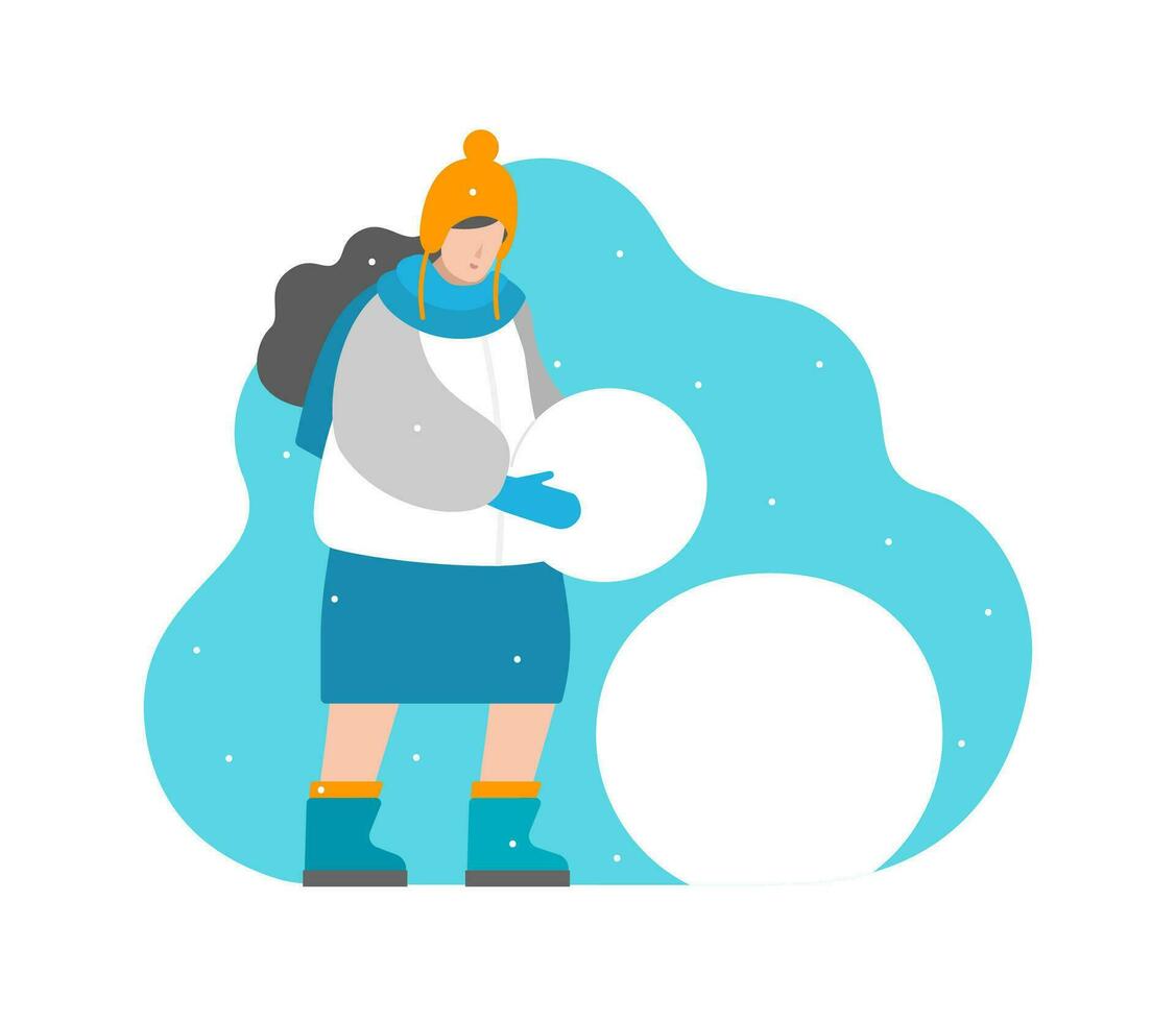Cute vector concept in flat style. Girl sculpts snowman, carries ball in hands. Winter vacation, time for outdoor activities. Woman is in finnish earflaps, down jacket, felt boots. Blue, orange colors