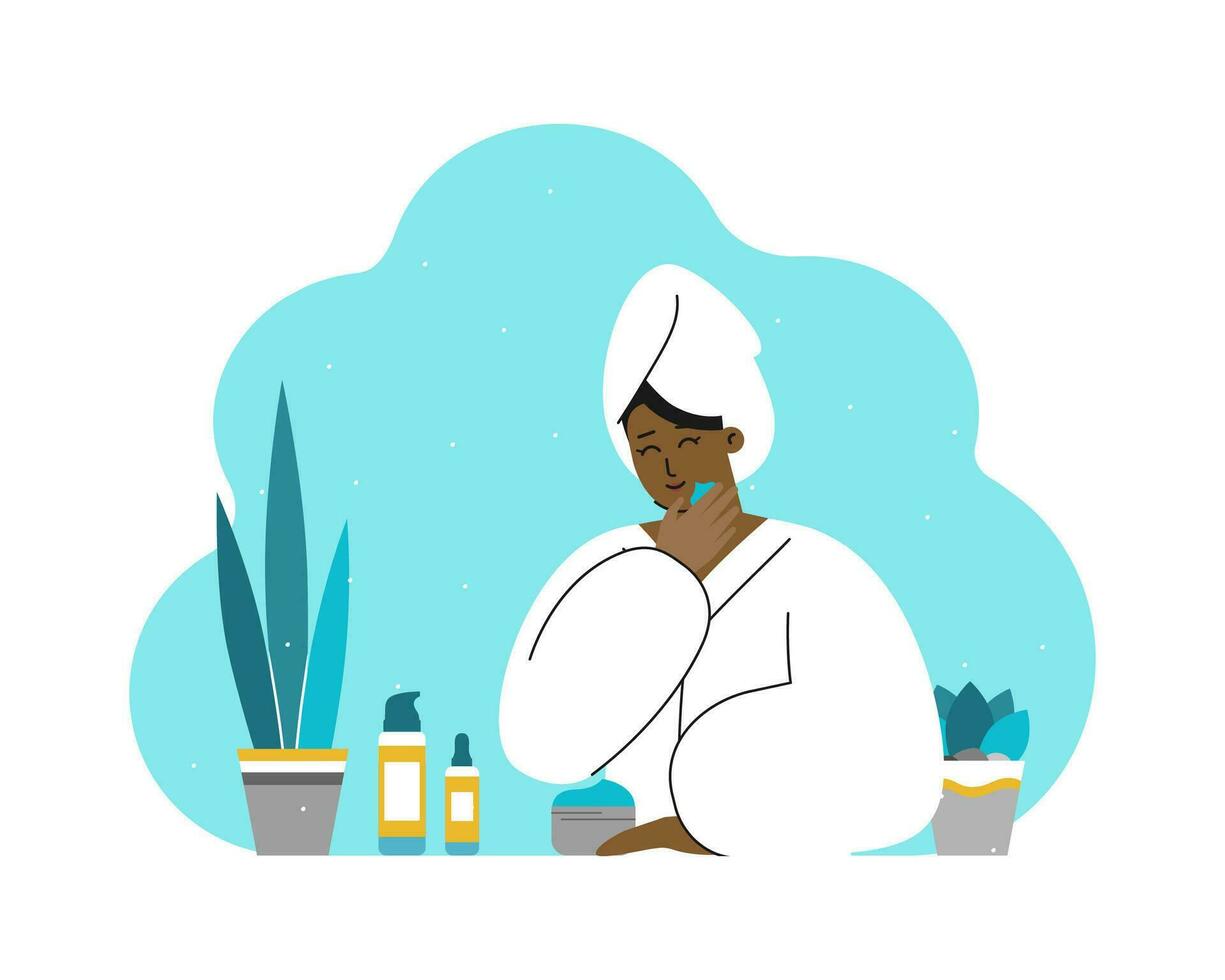Vector isolated concept with smiling African American young woman in bathroom, wearing in towel and bathrobe. Skin care routine. Using cosmetic products as face cream, moisturizing serum. Flat design