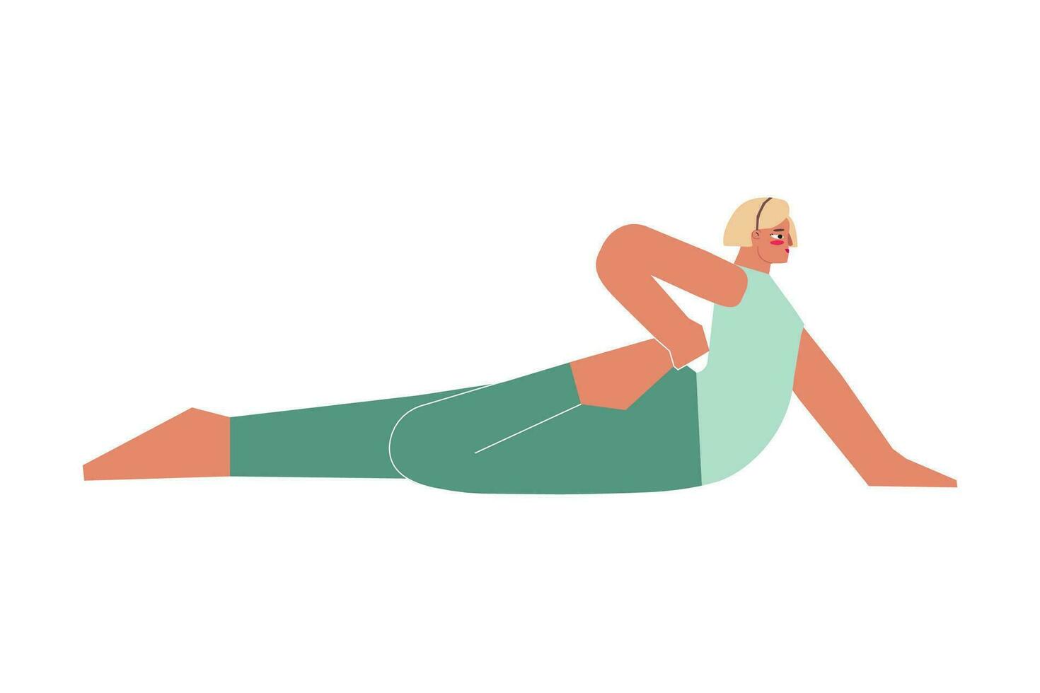 Vector isolated illustration with flat adult female character. Sportive blonde woman learns posture with backbend and does Ardha Bhekasana at yoga class. Fitness exercise for beginners Half Frog Pose
