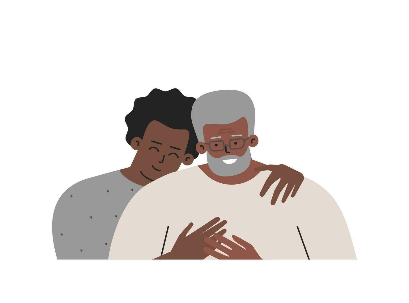 vector aislado retrato. hijo y contento mayor papá gastar día juntos. adolescente abrazos su padre. dos generaciones espectáculo cerca relaciones, amor y afinidad en africano americano familia. chico fideicomisos papi