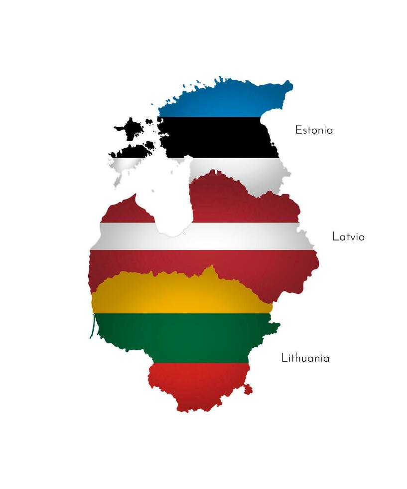 Vector illustration with isolated silhouettes of Baltic States on map simplified shapes. National flags of Lithuania, Latvia, Estonia. White background and names of countries