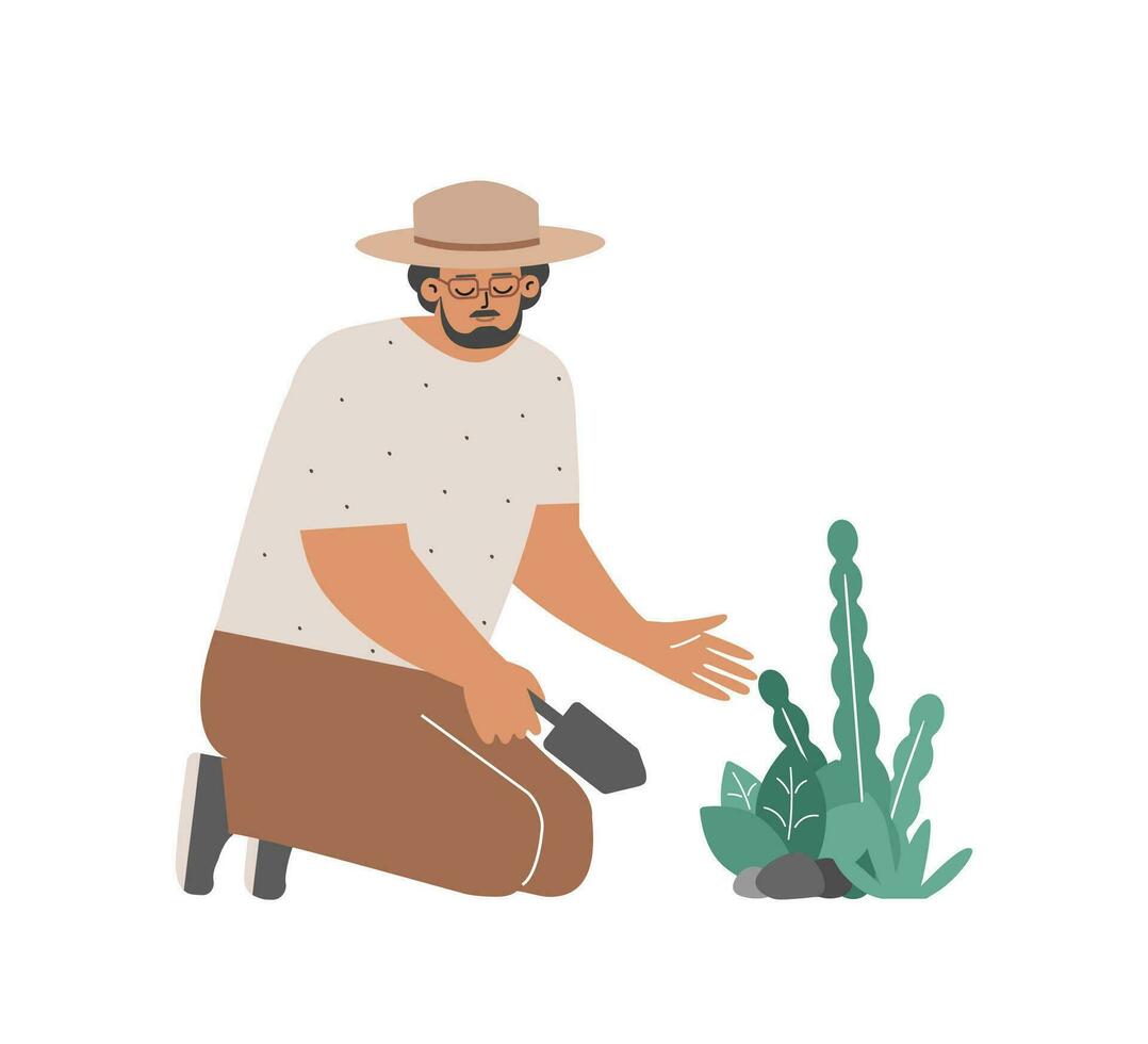 Vector flat isolated concept. Caucasian man plants flowers by spatula. Smiling farmer care for green organic vegetables in garden. Happy grower love to spend day in nature. Lifestyle of ecologist