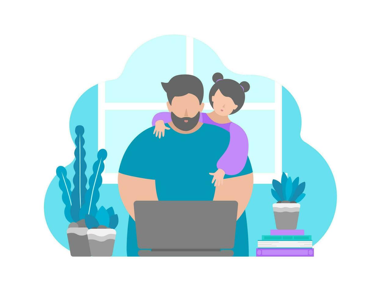 Vector illustration in flat style. Daugher interrupt and distract father sitting with laptop at home. Difficulties of remote work in quarantine time, freelancer lifestyle. Problems of parenthood