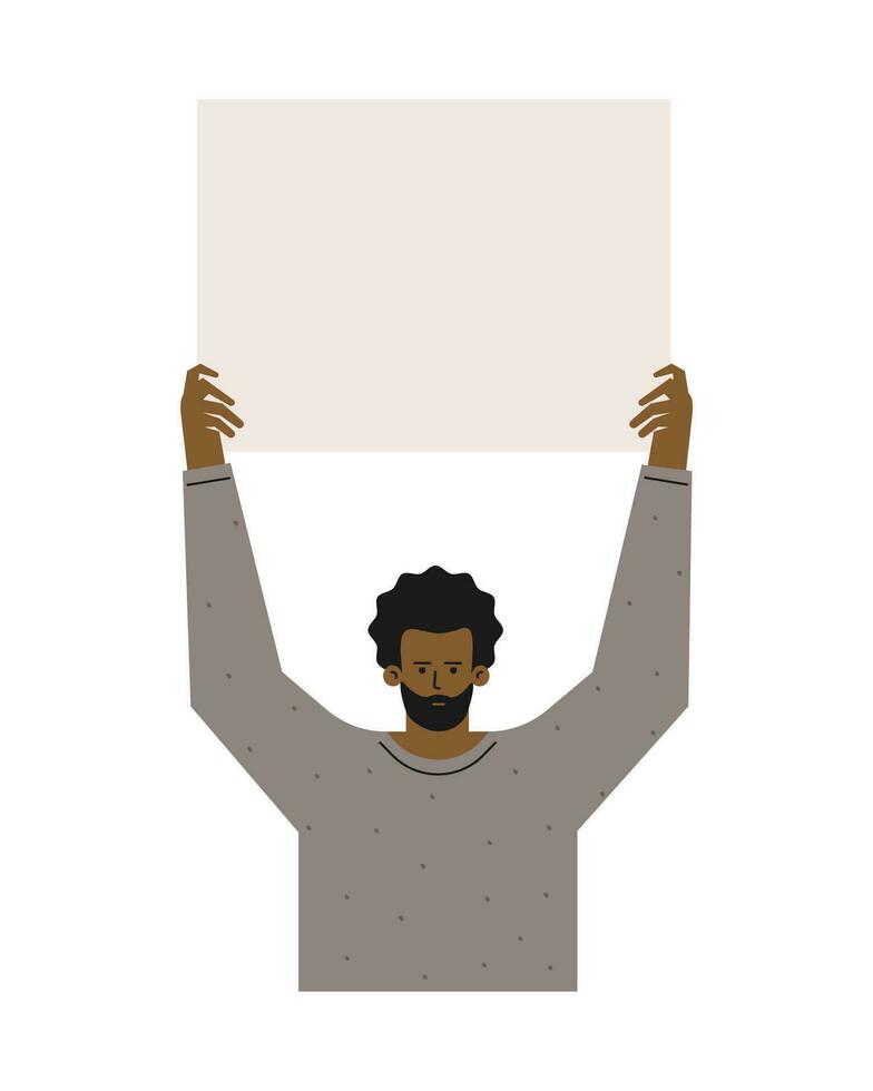 Vector isolated flat concept. Single picket and strike of African American in gray sweatshirt. Fighting for human rights to stop police violence. Guy demands justice holding placard with copy space.