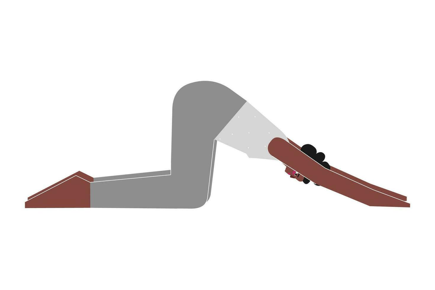 Vector isolated concept with flat female african american character. Strong woman learns posture with Forward Bend  - Uttana Shishosana at yoga class. Fitness exercise - Extended Puppy Pose