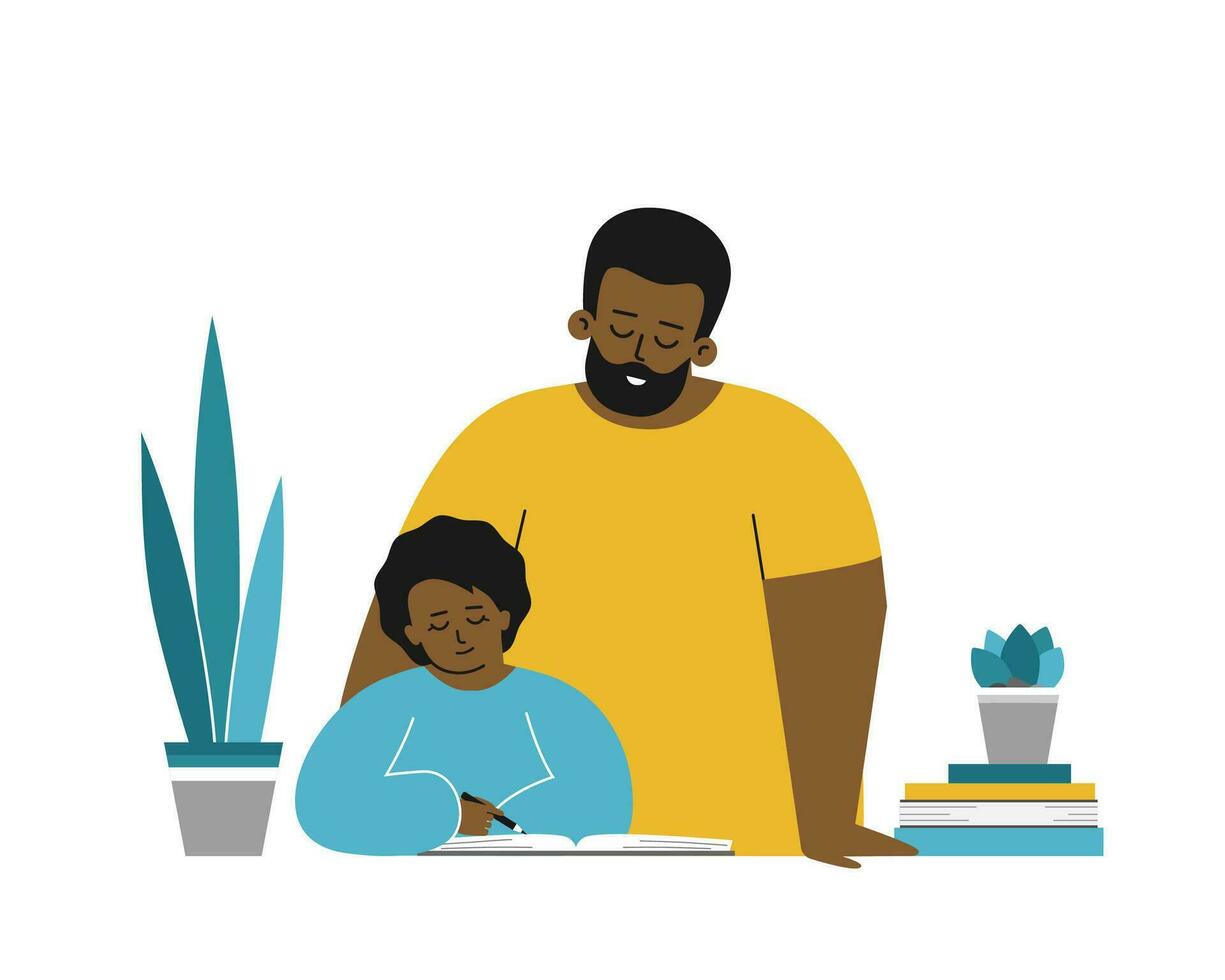 Vector isolated flat concept. African american father and smart daughter learn to write and read words in exercise book. Homeschooling in quarantine time, doing homework with help of parents