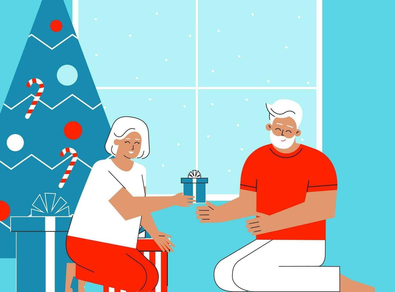 Vector flat concept. Winter happy holidays of american elderly couple. Home is decorated with gift boxes, Christmas Tree. Cute senior woman is giving present to lovely old man. Cozy evening