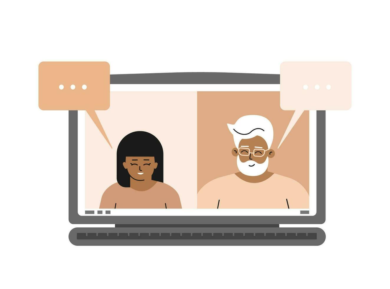 Vector concept with speech bubbles. Monitor of laptop with Asian girl and old teacher Korean man. Online distant education in quarantine. Web platform for homeschooling and online courses