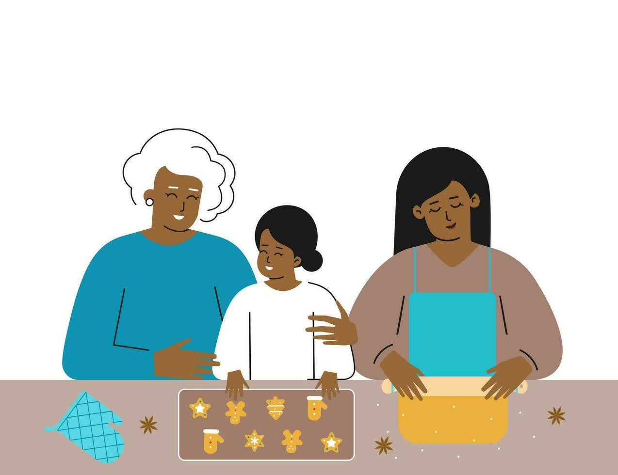 vector Navidad plano ilustración con Copiar espacio. multigeneración africano americano familia cocineros sabroso pan de jengibre galleta a hogar. abuela y contento pequeño niña Decorar galletas, madre rollos masa