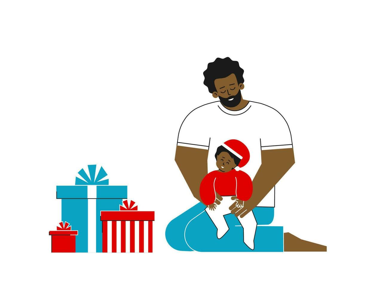Vector isolated flat concept. Cartoon cute african american man is celebrating Christmas, holding happy little child in his arms. Template for design New year and Merry Christmas greeting cards