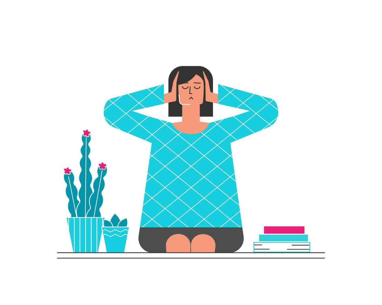 Vector flat concept with woman sitting at home and closing ears by hands. Too much information noise as reason of problem with mental healt. Girl is frustrated and tired after professonal burnout