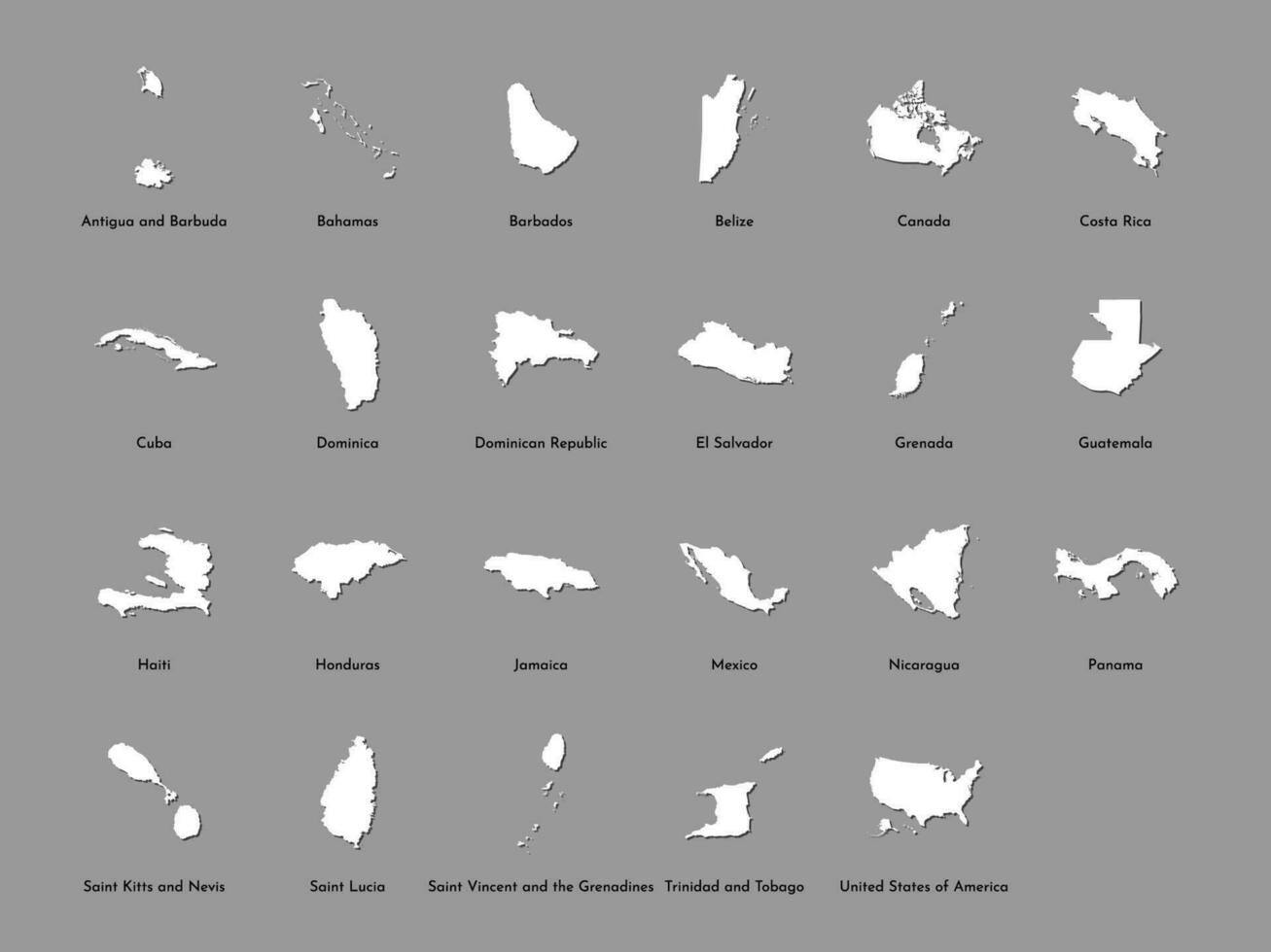 Vector illustration set with simplified maps of all North America states, countries USA, Mexico, Bahamas, Canada, Costa Rica, Cuba and others. White silhouettes, grey background