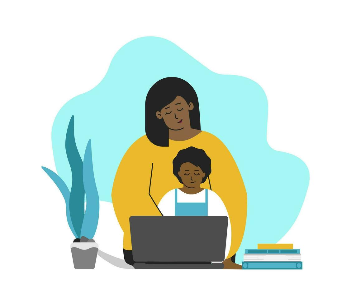 Vector isolated concept in flat style. African American mother and kid are sitting with laptop. Online education with class in quarantine time, making homework with parent's help. Home schooling
