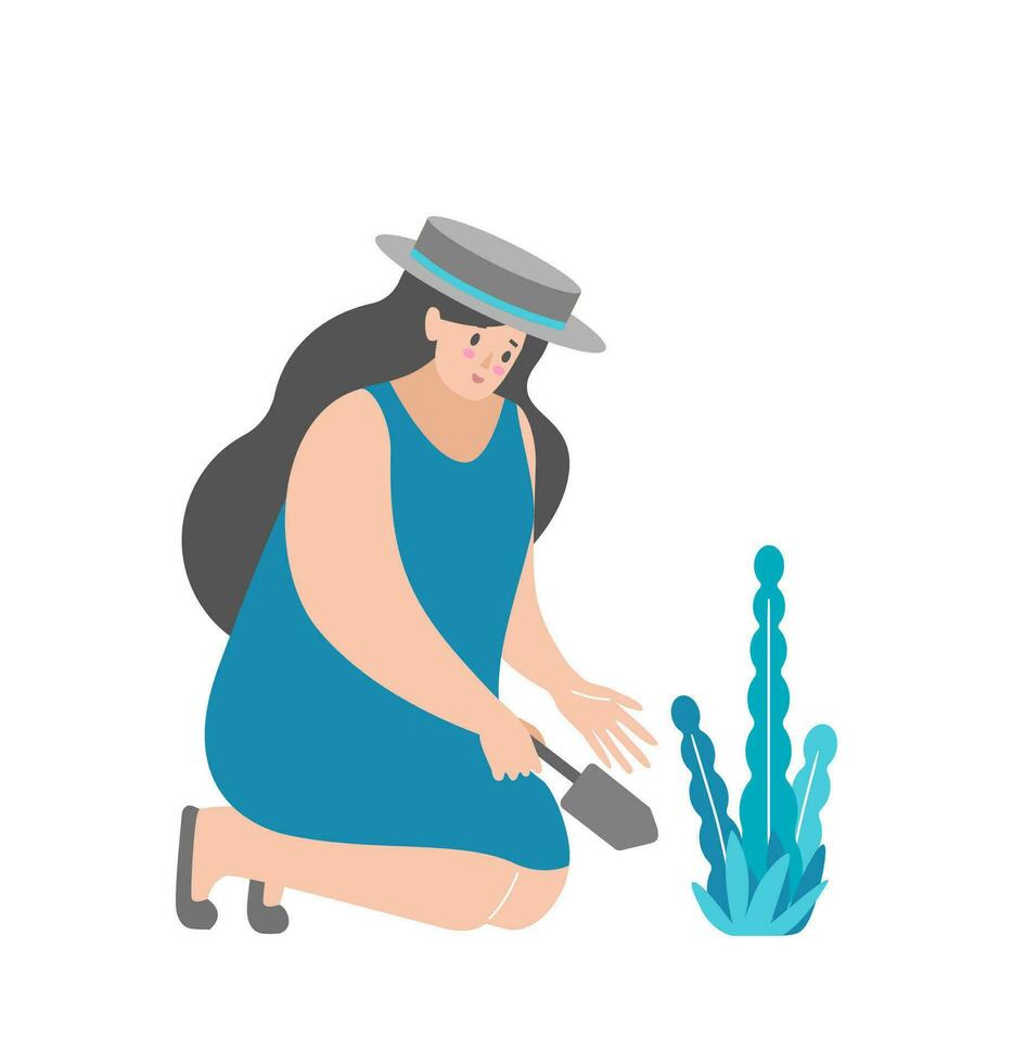 vector aislado ilustración plano concepto con dibujos animados mujer vestido en gris Paja sombrero y azul vestido. sonriente adulto niña plantas flores por espátula en el jardín. contento fin de semana en el naturaleza