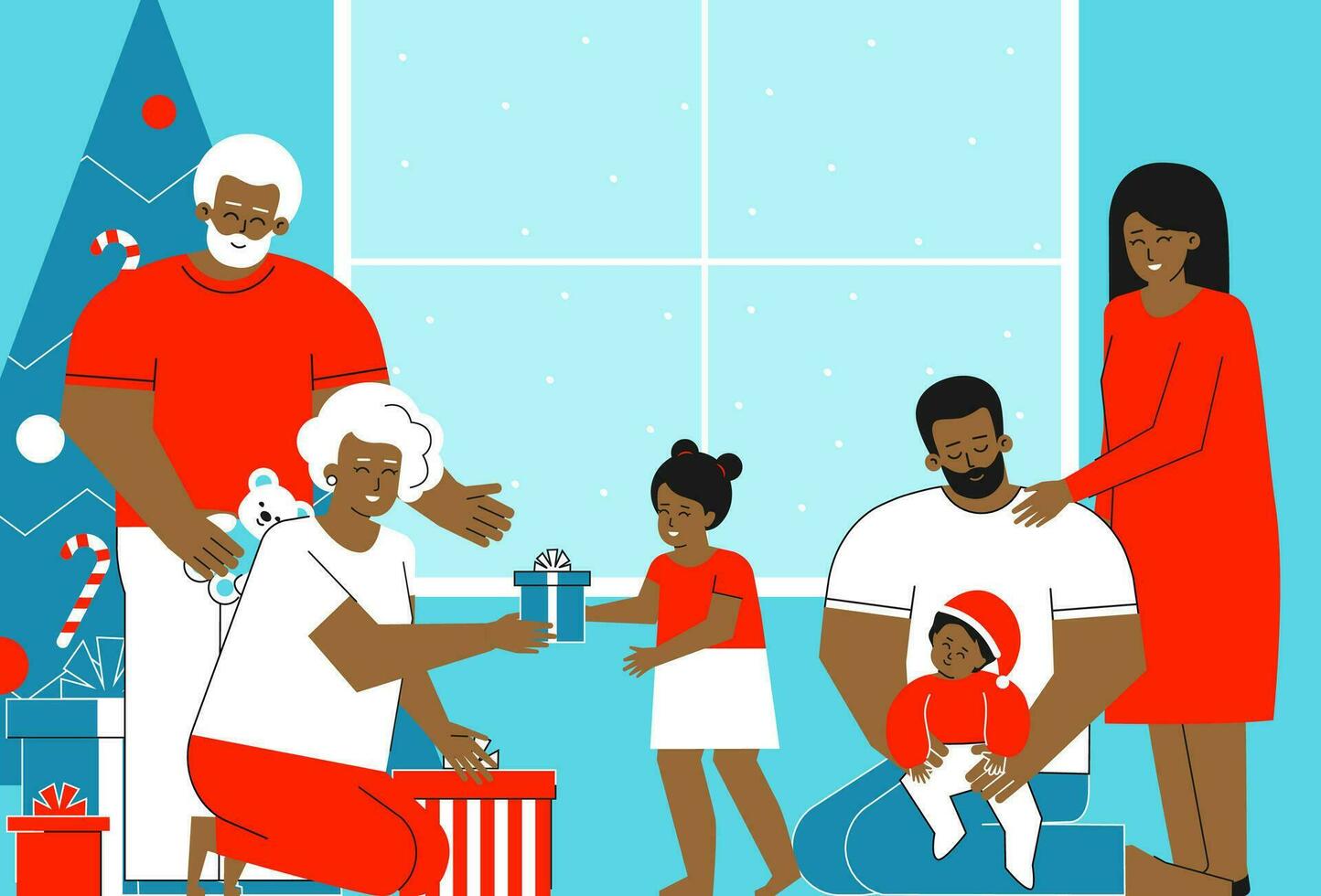 Vector isolated flat festive concept. Winter happy holidays of multi generation african american family at home. Grandparents present gifts to children in Christmas morning. Father sits with toddler