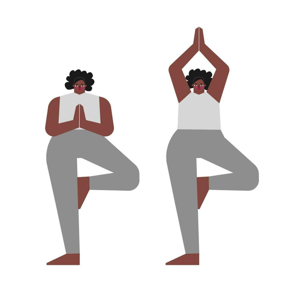 Vector isolated concept with flat female body positive characters. African American adult woman learns balancing posture and does Tree Pose at yoga class. Core exercise for beginners - Vrksasana