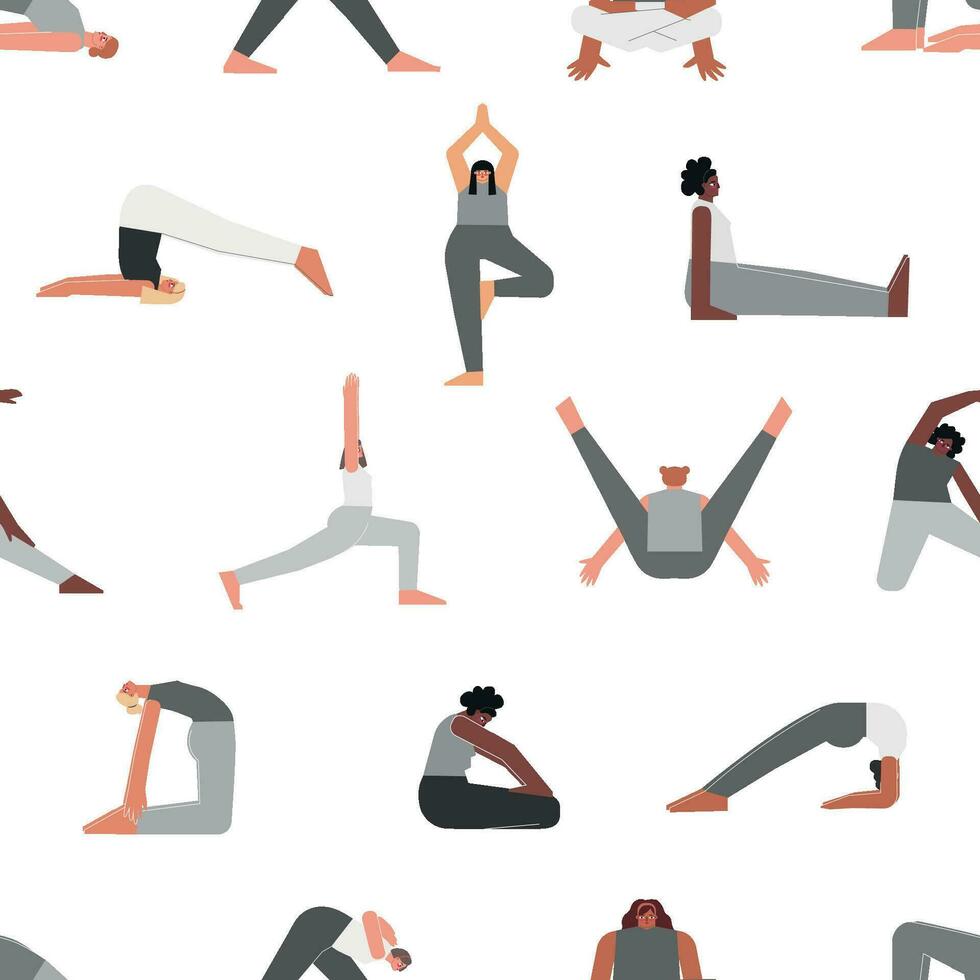 Vector seamless pattern with sport poses. Flat isolated collection with hiispanic, african american, asian women making yoga exercises standing asanas, stretchening training with bend