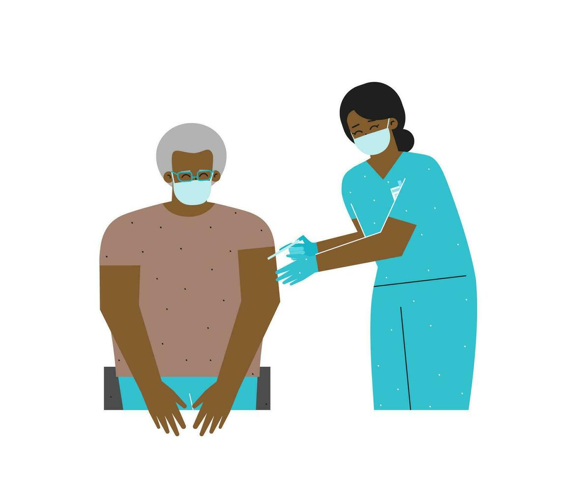 Vector isolated flat concept. Coronavirus COVID 19 vaccination as immunization against SARS CoV2. African American nurse woman holds syringe, gives antiviral injection with drug to senior man