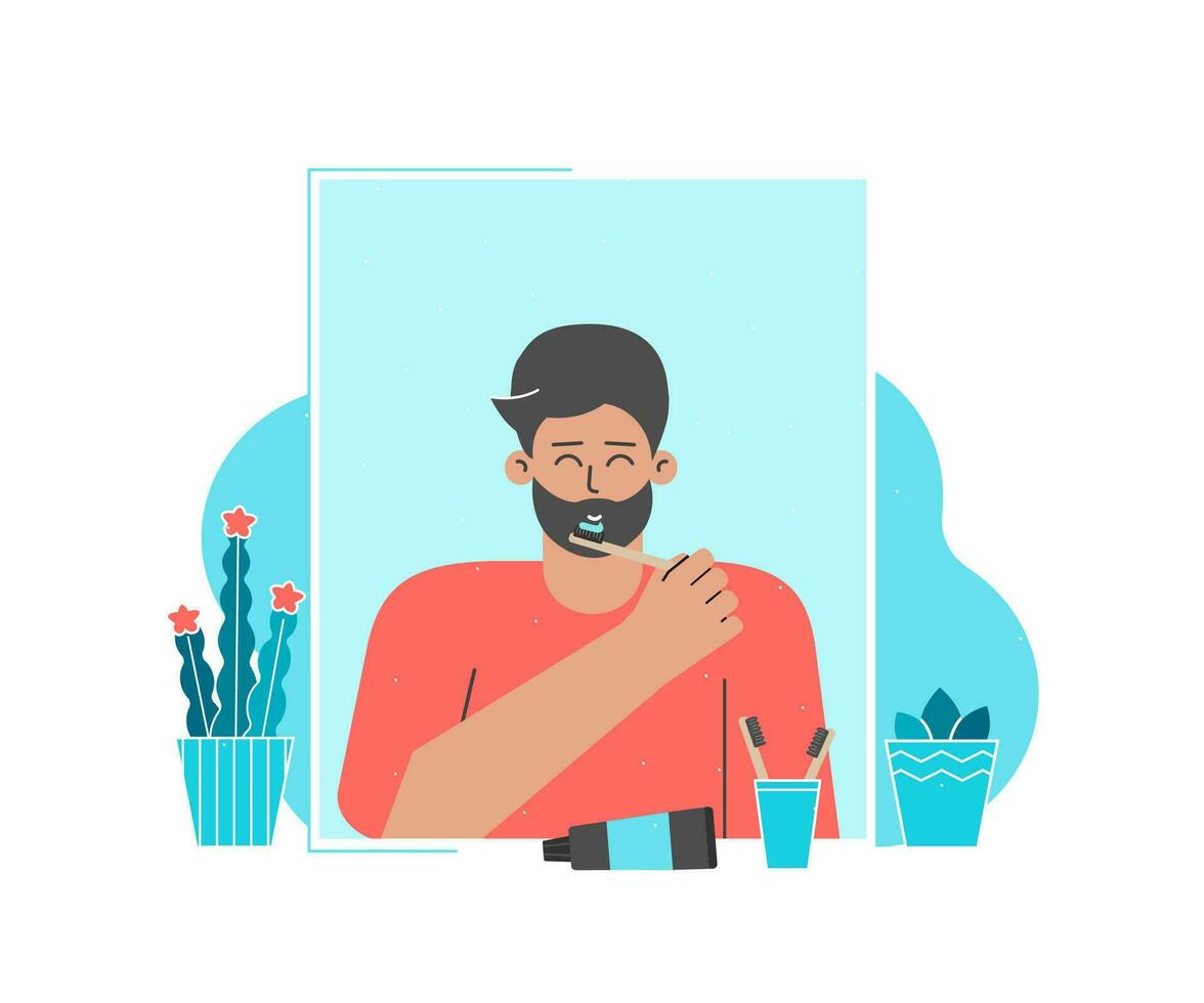 Vector flat illustration. Dental daily life concept. Happy latin man is cleaning teeth by bamboo toothbrushes, paste in front of mirror. Guy smiles. Health care and oral hygiene for caries prevention