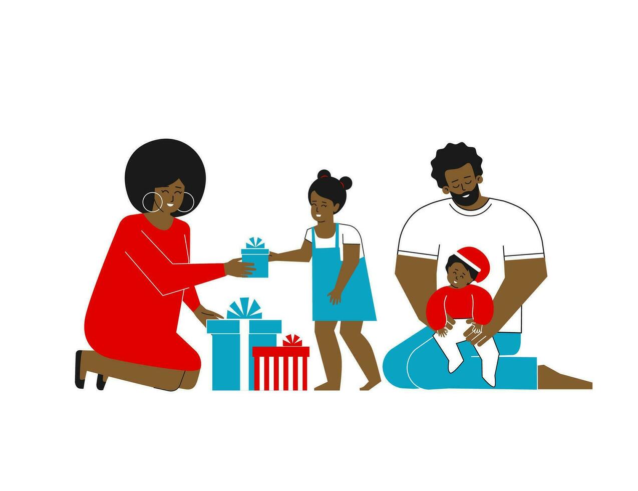 Vector isolated flat illustration. Cartoon african american family are celebrating Christmas. Happy little girl got gift from mom. Template for design New year and Merry Christmas greeting cards