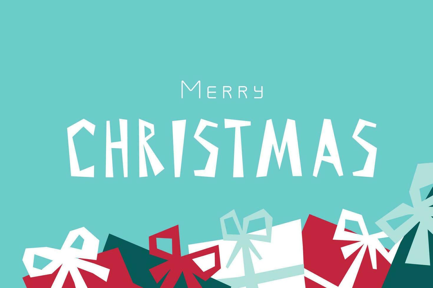 Vector flat geometric illustration. Horizontal banner with Christmas gift boxes decorated by bows. Simplified minimalistic shape, Scandinavian style. Hand drawn text - Merry Christmas