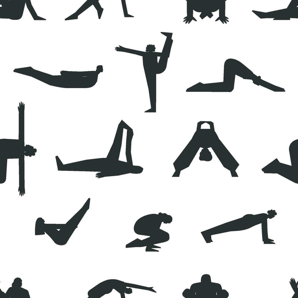 Vector seamless pattern with fitness poses. Flat isolated collection with hiispanic, african american and european women making yoga exercises like asanas, stretchening training. Black silhouettes