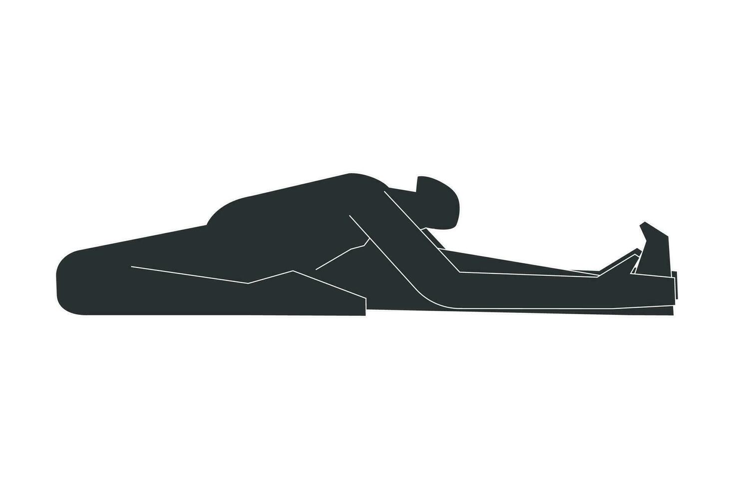 Vector isolated illustration with flat black silhouette of female character. Sportive woman learns yoga posture Janu Sirsasana. Fitness exercise - Head to Knee Forward Bend. Minimalistic design
